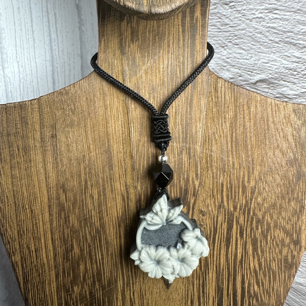 Tai Chi Stone Butterfly and Flowers Pendant Necklace